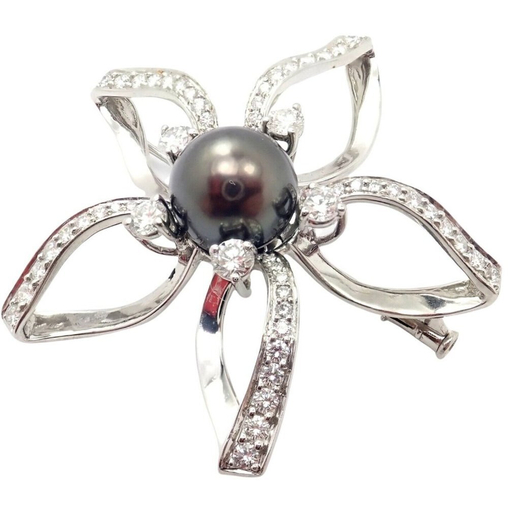 Rare! Authentic Mikimoto Platinum Diamond Tahitian South Sea Pearl Brooch Pin​